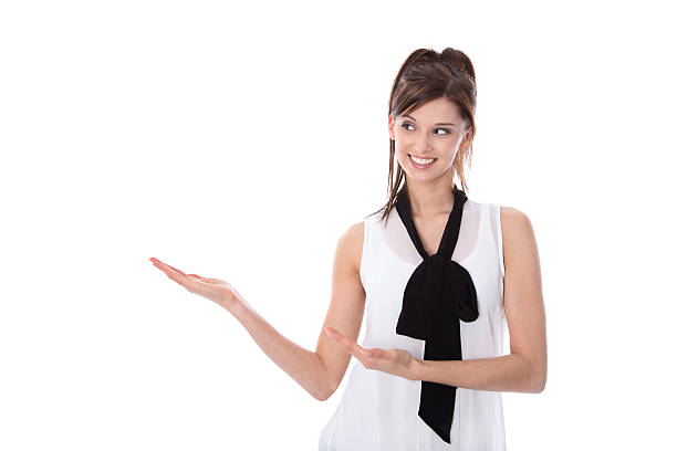 istock Isolated young woman presenting with her hands. 480300261