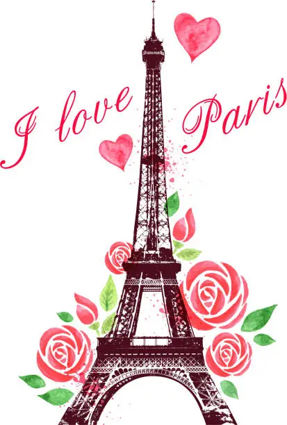 Vector illustration of Red watercolor roses and Eiffel Tower