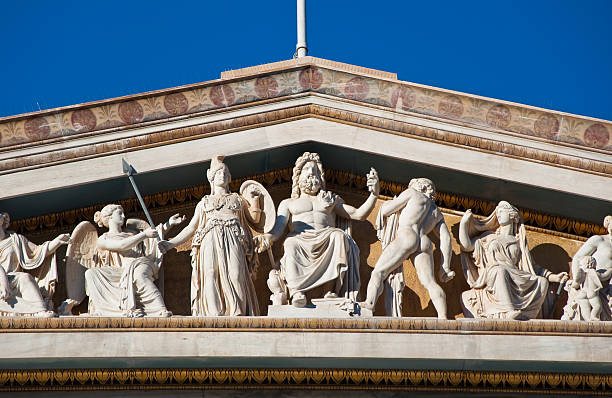 fronton da academia de atenas. - plato philosopher statue greek culture imagens e fotografias de stock