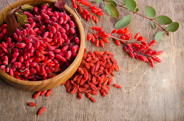 Barberry with leaves and dry goji berries stock photo