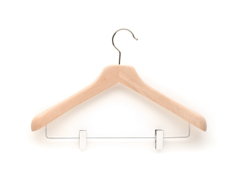 Wooden hanger with chrome trouser clips.