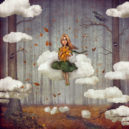 The little  girl sits on a cloud  in   autumn forest. Beautiful nature background