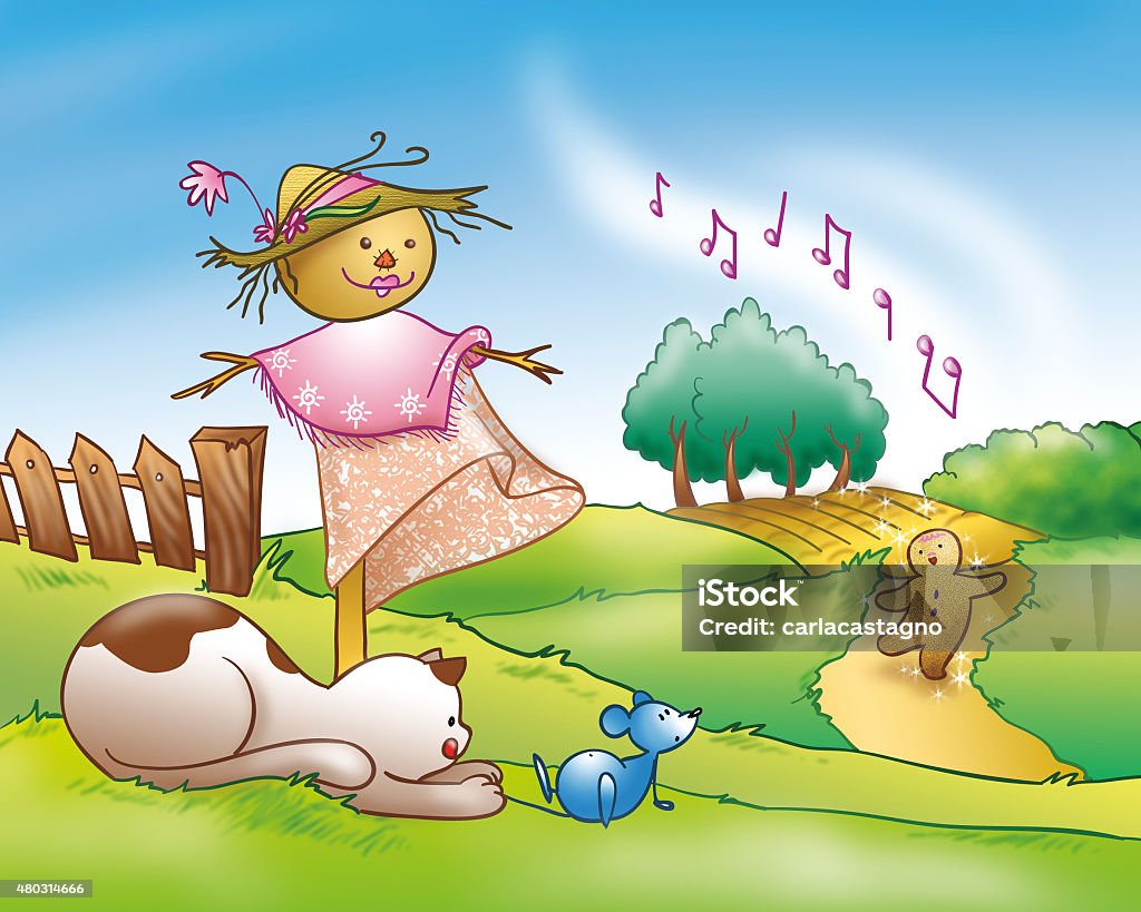 Funny animals and Gingerbread Boy A cat is catching a mouse near a funny scarecrow. The gingerbread boy is singing down the hill. Digital illustration for a fairy tale. Fairy Tale stock illustration