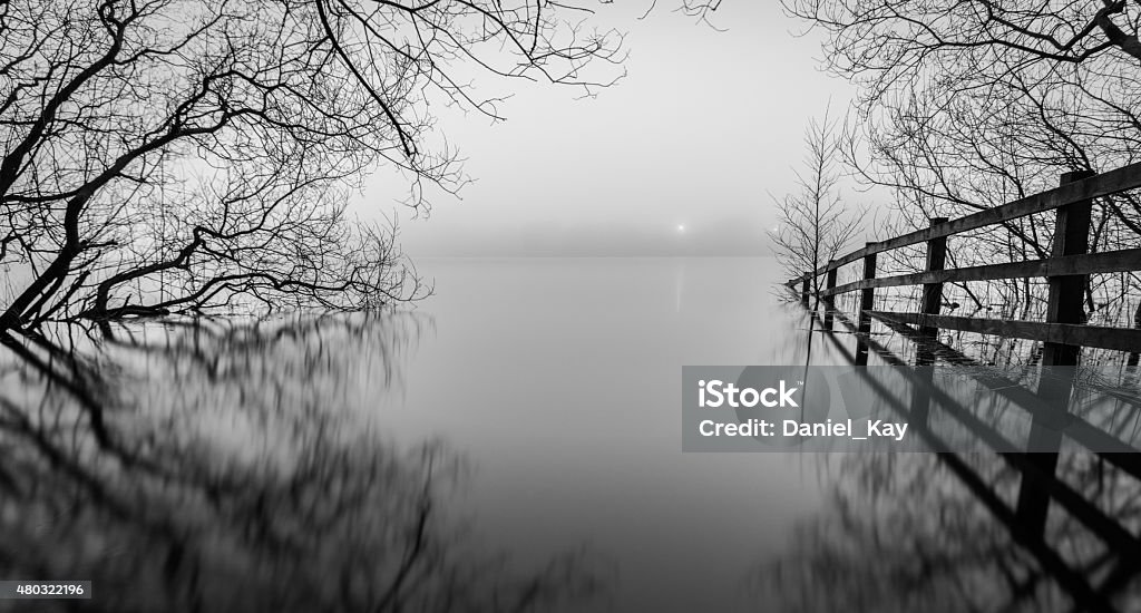 Monochrome View Of A Misty Lake. A photograph taken at Rivington Reservoir in Bolton, Lancashire, UK. 2015 Stock Photo