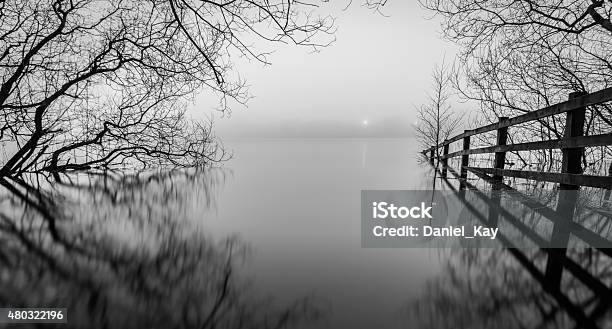 Monochrome View Of A Misty Lake Stock Photo - Download Image Now - 2015, Atmosphere, Black And White