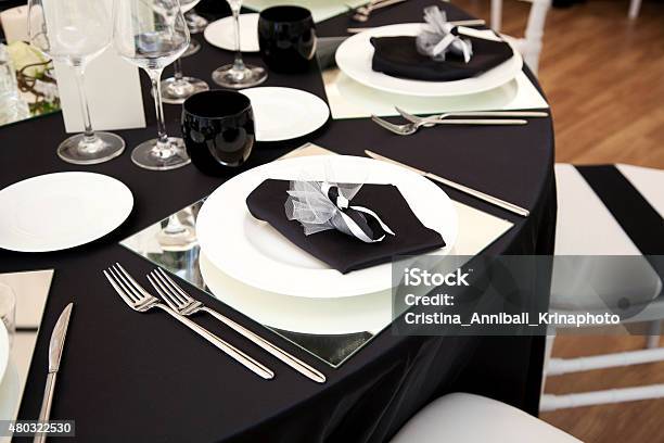 Table Set For A Reception Stock Photo - Download Image Now - 2015, Banquet, Cup