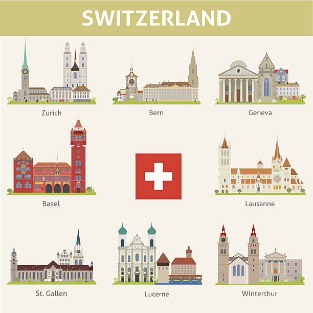 switzerland. symbols of cities. vector set - i̇sviçre illüstrasyonlar stock illustrations