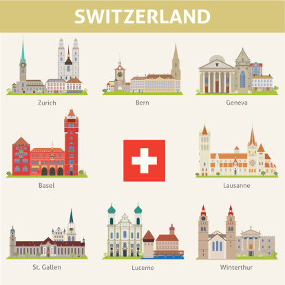 Switzerland. Symbols of cities. Vector set