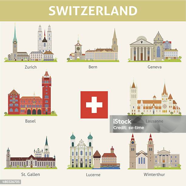 Switzerland Symbols Of Cities Vector Set Stock Illustration - Download Image Now - Switzerland, Zurich, Famous Place