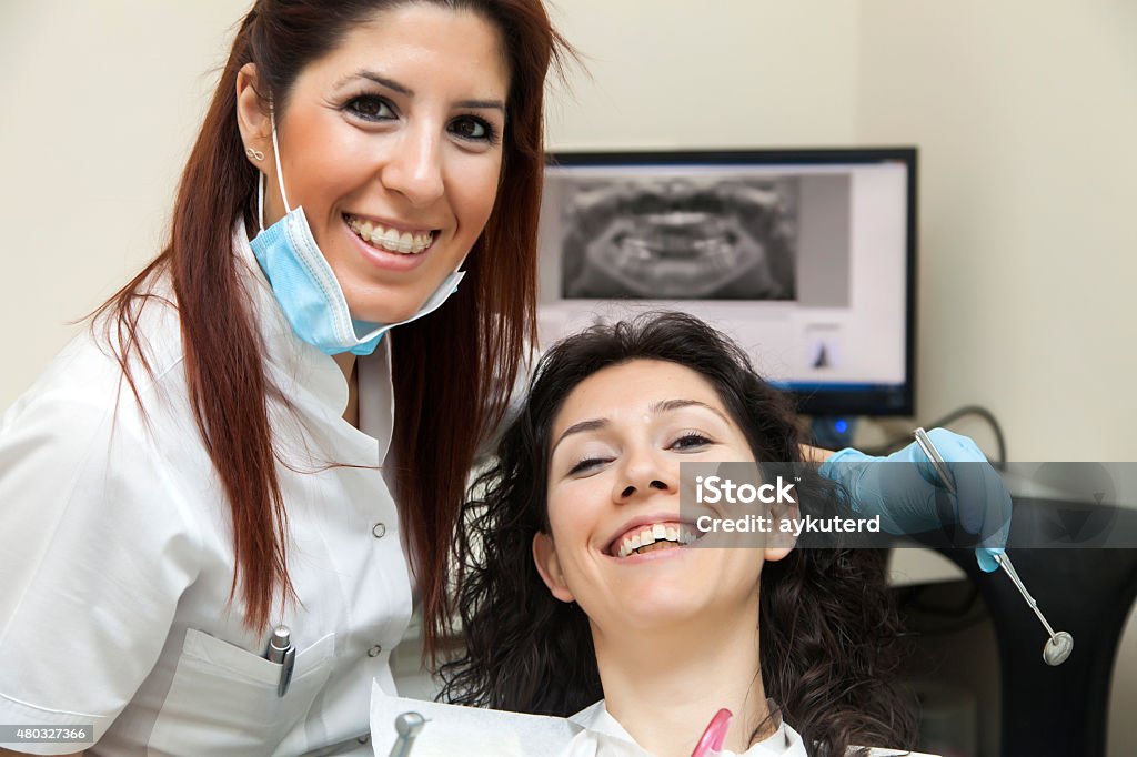 Female patient at dentists office Close-up of female patient having her teeth examined by specialist. 2015 Stock Photo