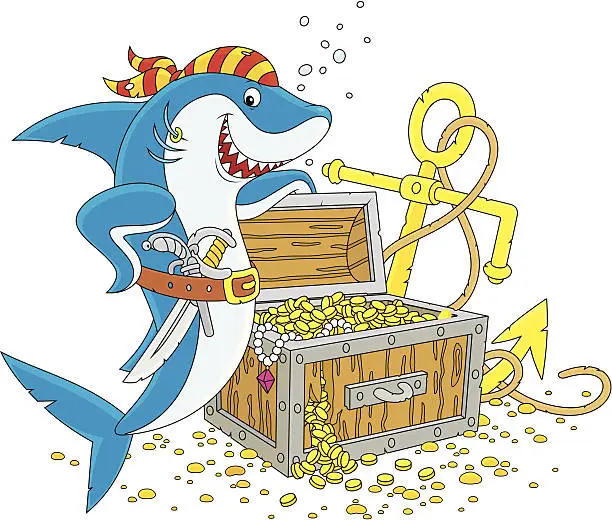 Vector illustration of pirate shark with a treasure chest