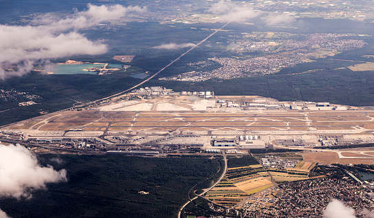 aerial of Frankfurt international airport with clouds