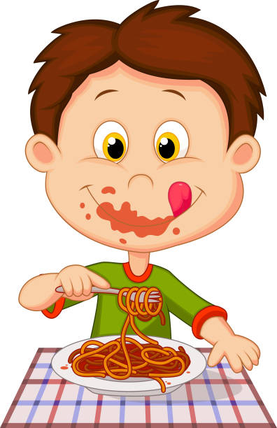 illustrations, cliparts, dessins animés et icônes de garçon en dessin animé mangeant spaghetti - child eating pasta spaghetti