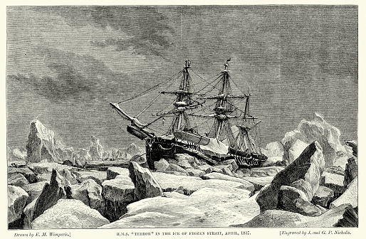 Vintage engraving of HMS Terrorfrozen in the ice, 1837.  In 1836, command of Terror was given to Captain George Back for an expedition to the northern part of Hudson Bay. She barely survived the winter off Southampton Island, at one point being forced 40 feet up the side of a cliff by the ice. In the spring of 1837, an encounter with an iceberg further damaged the ship. 1869