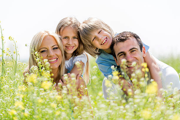istock Smiling family lying among wildflowers and looking at camera. 480338610