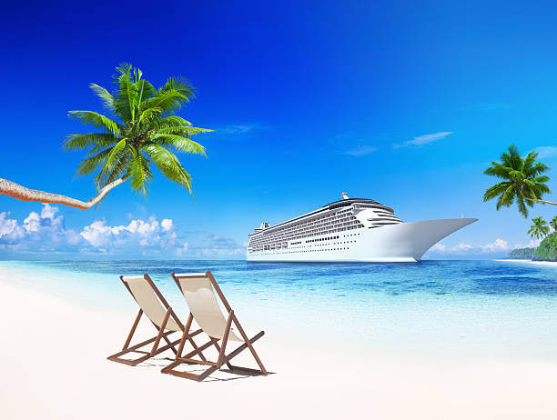3D Cruise Ship at Tropical Beach  cruising stock pictures, royalty-free photos & images