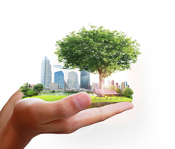 human hand holding  city