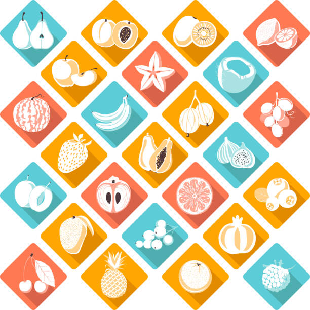 illustrazioni stock, clip art, cartoni animati e icone di tendenza di icone di frutta e bacche in stile piatto - fig apple portion fruit