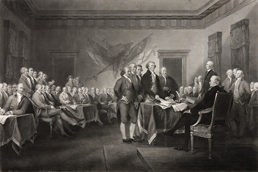 This vintage image features the Signing of the Declaration of Independence. 