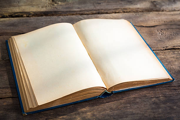 istock Open blank pages of old book on wood background 480345531