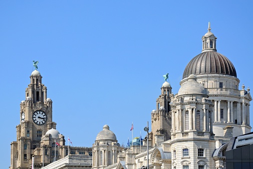 The Three Graces consisting of the Liver Building, Port of Liverpool Building and the Cunard Building, Liverpool, Merseyside, England, UK, Western Europe.