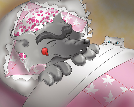 The bad wolf in granny's bed is smacking his lips. Digital illustration for kids. Little Red Riding Hood tale.