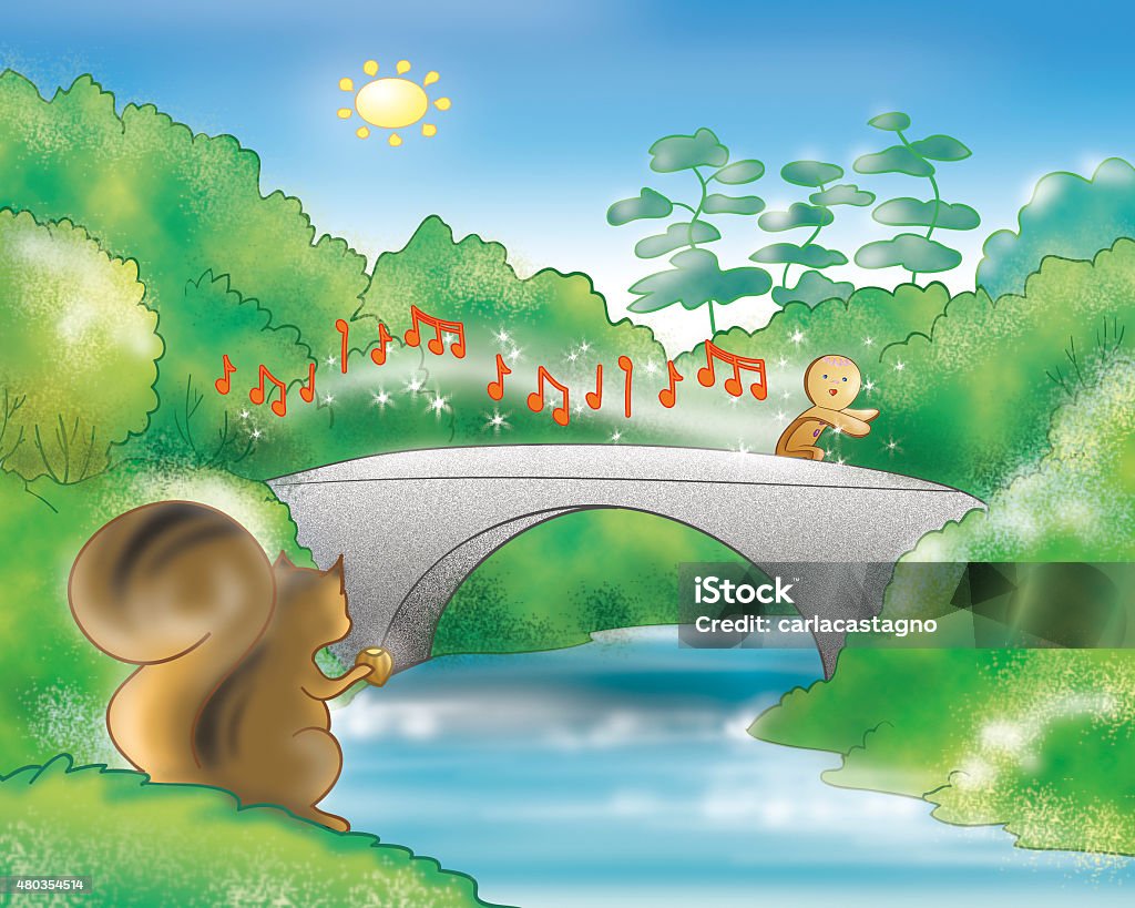 Gingerbread boy running on a bridge The gingerbread boy is singing and running on a bridge. Digital illustration a fairy tale. Fairy Tale stock illustration