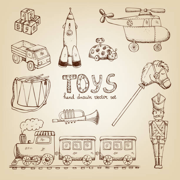 ilustrações de stock, clip art, desenhos animados e ícones de brinquedos vintage mão desenhada - brinquedo ilustrações