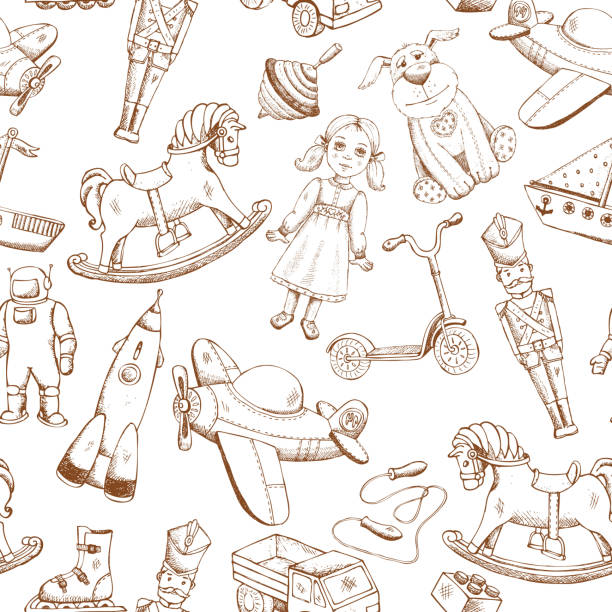 ilustrações de stock, clip art, desenhos animados e ícones de brinquedos vintage mão desenhada padrão - brinquedo ilustrações