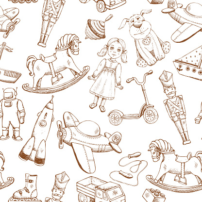 vintage hand drawn toys seamless pattern with doll airplane whirligig rocket