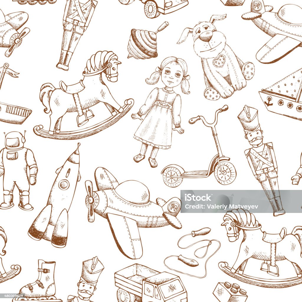 vintage hand drawn toys pattern vintage hand drawn toys seamless pattern with doll airplane whirligig rocket Toy stock vector