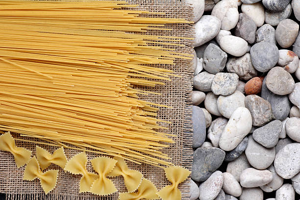 spaghetti farfalle on Burlap fray and the river rock