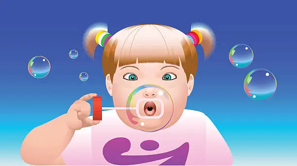 Vector illustration of little girl inflates bubbles