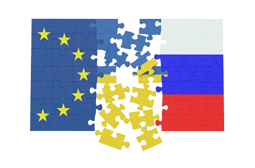 puzzles of Ukraine, Russia and EU concept isolated on white background