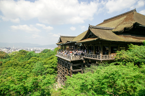 Kyoto, Japan - May 13, 2015: A view of Kiyomizu-dera,  Japanese Buddhist temple, Kyoto. Crowded with tourists. 