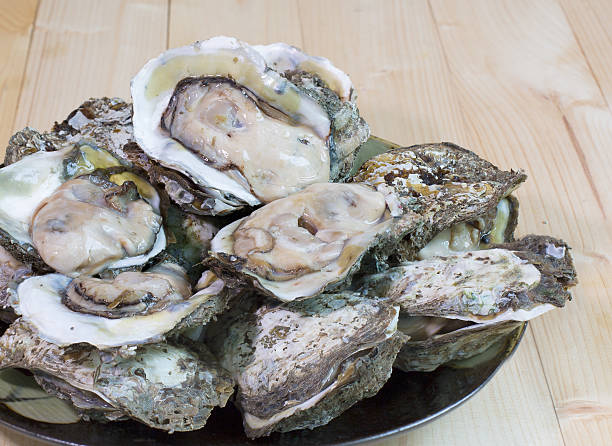 istock Fresh oysters in plate on wooden table 480368394