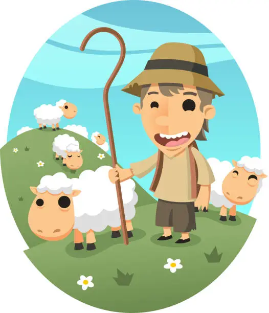 Vector illustration of Shepher Boy Sheep Herder