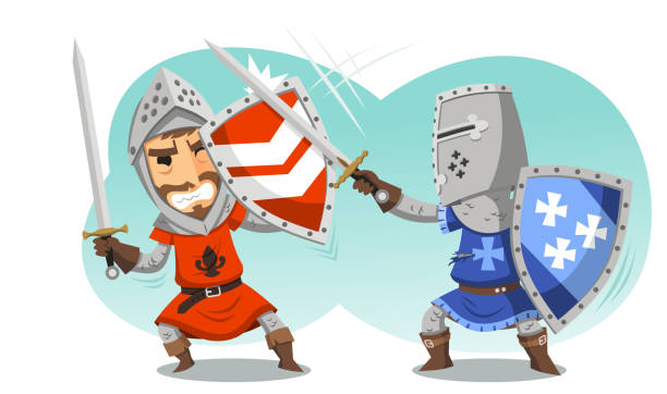 illustrazioni stock, clip art, cartoni animati e icone di tendenza di lotta cavalieri con il casco, scudo, spade uniforme militare - cavalier