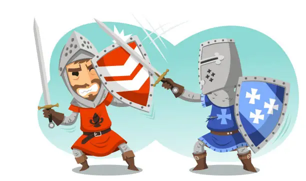 Vector illustration of Fighting Knights With Swords Shield Helmet Army Uniform