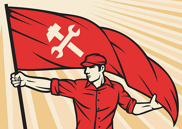 worker holding a flag - industry poster vector art illustration