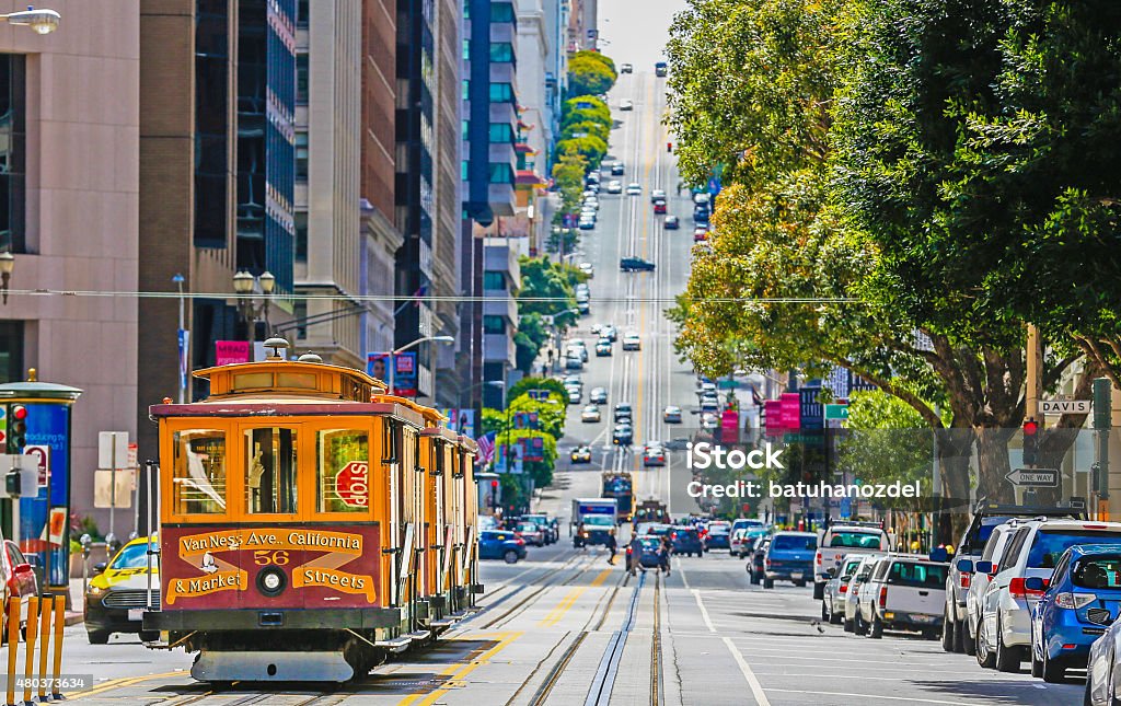 The historic cable car on San francisco city San Francisco County, Cable Car, California Street, Overhead Cable Car San Francisco - California Stock Photo