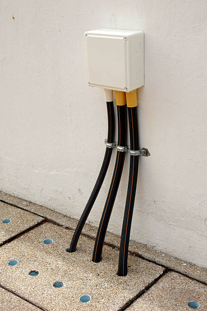 istock Safety outdoor electric connector box mounted on the wall 480375744