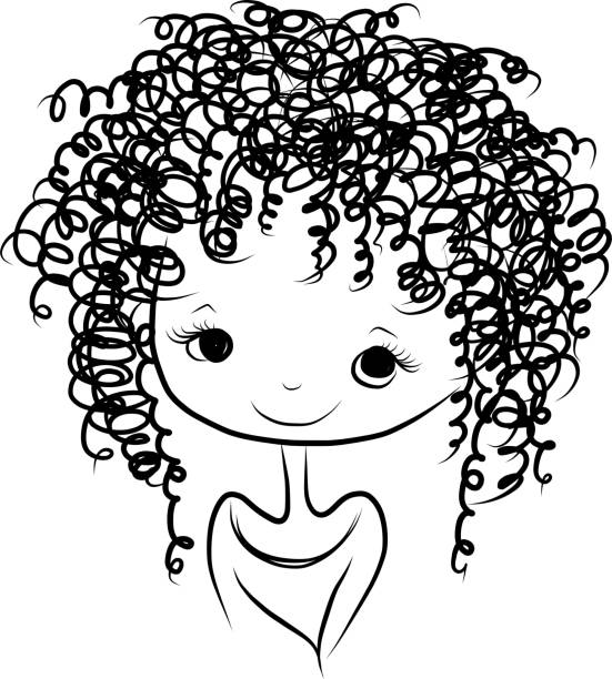 illustrazioni stock, clip art, cartoni animati e icone di tendenza di ragazza carina sorridente, schizzo per la progettazione - capelli ricci