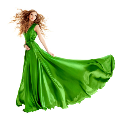 Woman in beauty fashion green gown, long evening dress over isolated white background.
