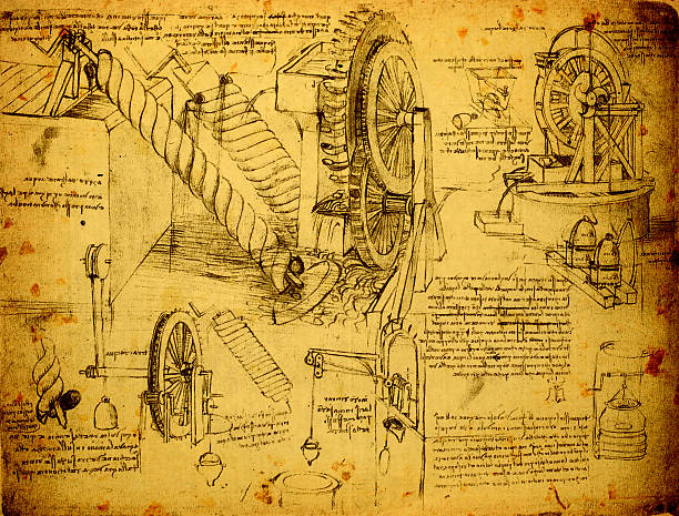Old Engineering Drawing Leonardo's Da Vinci engineering drawing from 1503 on textured background. leonardo da vinci stock illustrations