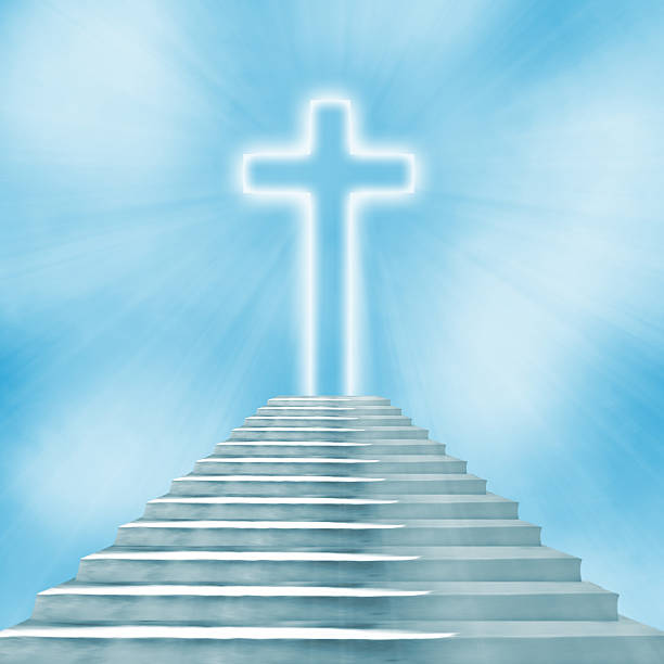 istock Glowing holy cross and staircase leading to heaven or hell 480379894