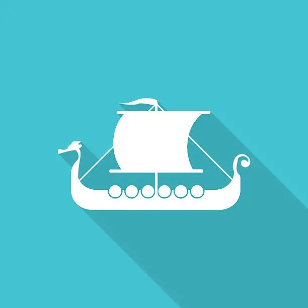 Vector illustration of viking ship flat icon with long shadow.