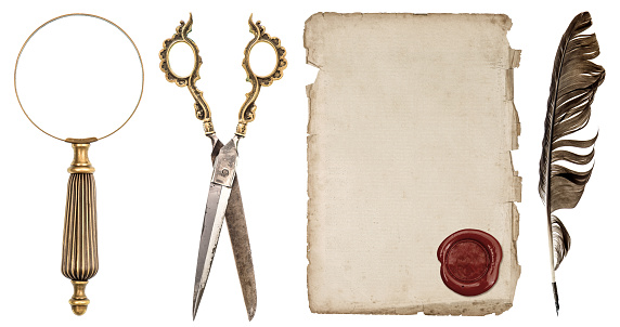 Paper sheet with wax seal, ink feather pen, magnifying glass and scissors isolated on white background. Antique scrapbook objects