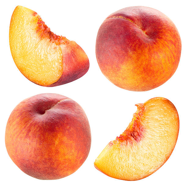 pfirsich und slice.  sammlung isoliert auf weiß. - peach nectarine fruit portion stock-fotos und bilder