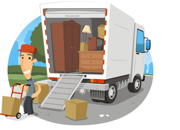 illustrazioni stock, clip art, cartoni animati e icone di tendenza di camion in movimento operaio - moving van truck delivery van van